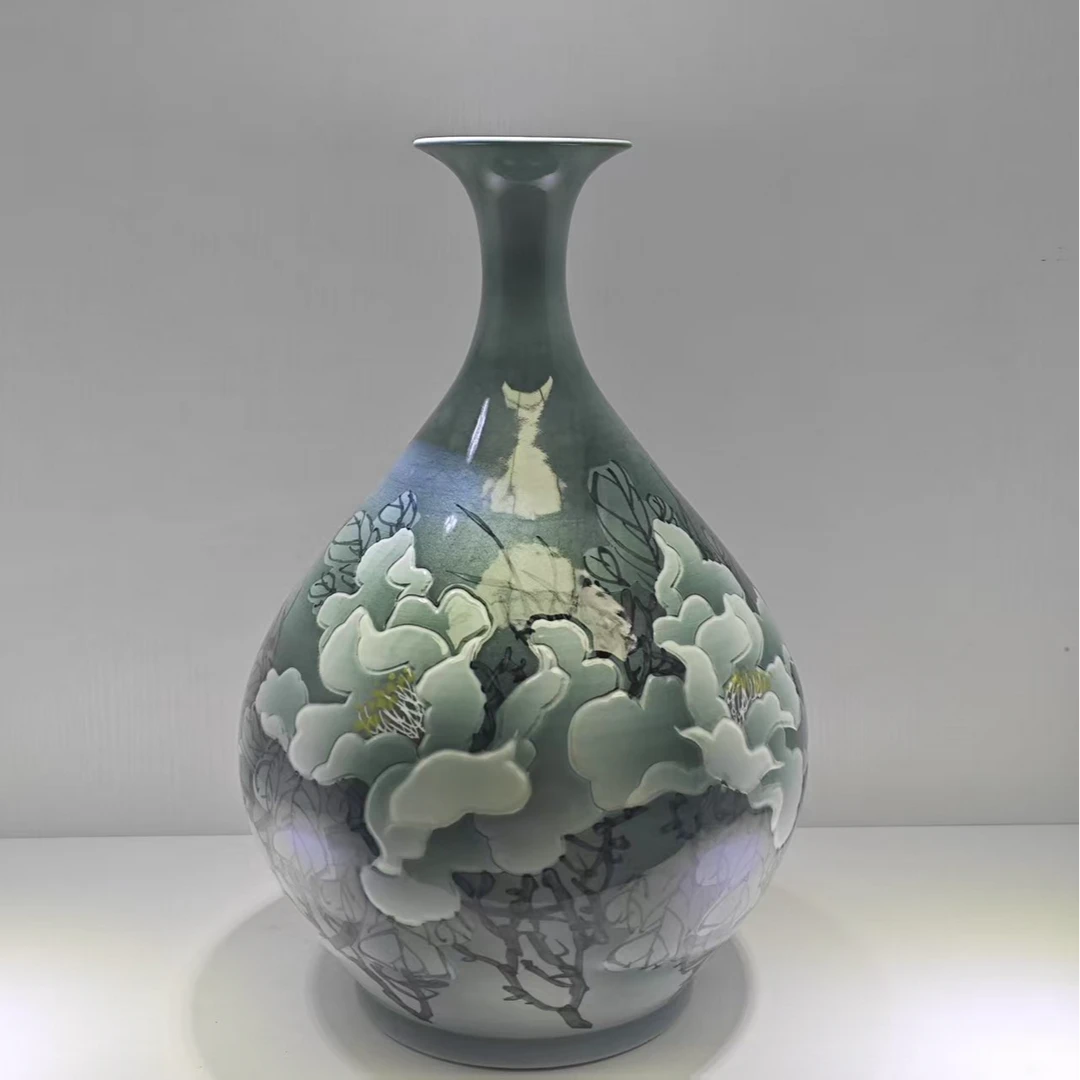 景德镇墨彩花开富贵玉壶春瓶
