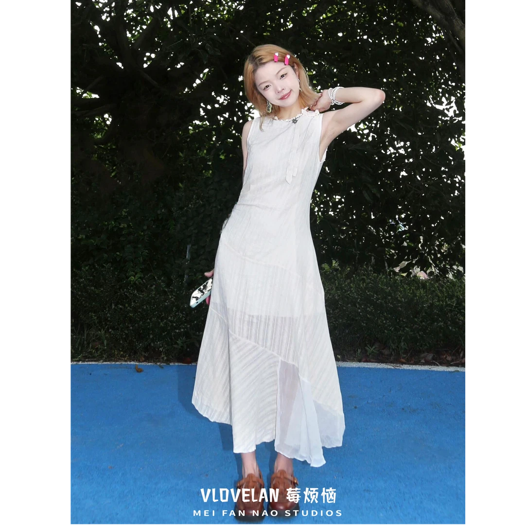 法式不规则无袖连衣裙女2025夏季设计感小众气质条纹拼接背心长裙