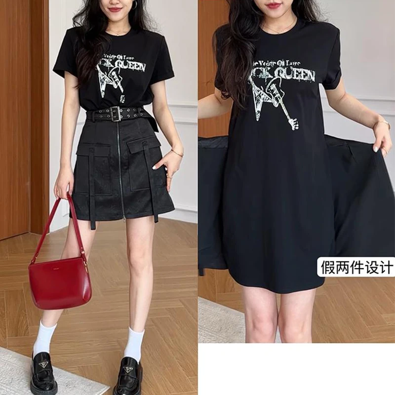 香朵儿假两件美式复古减龄拼接连衣裙女2025夏季新款温婉大方衣服