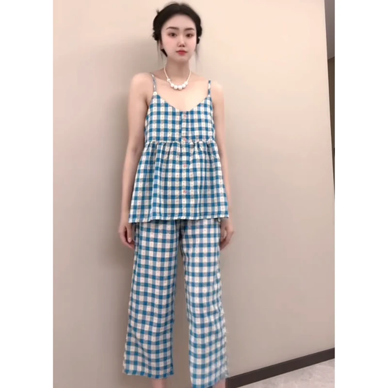 蓝格子甜美睡衣套装女韩版春夏季宽松休闲吊带九分裤家居服大码