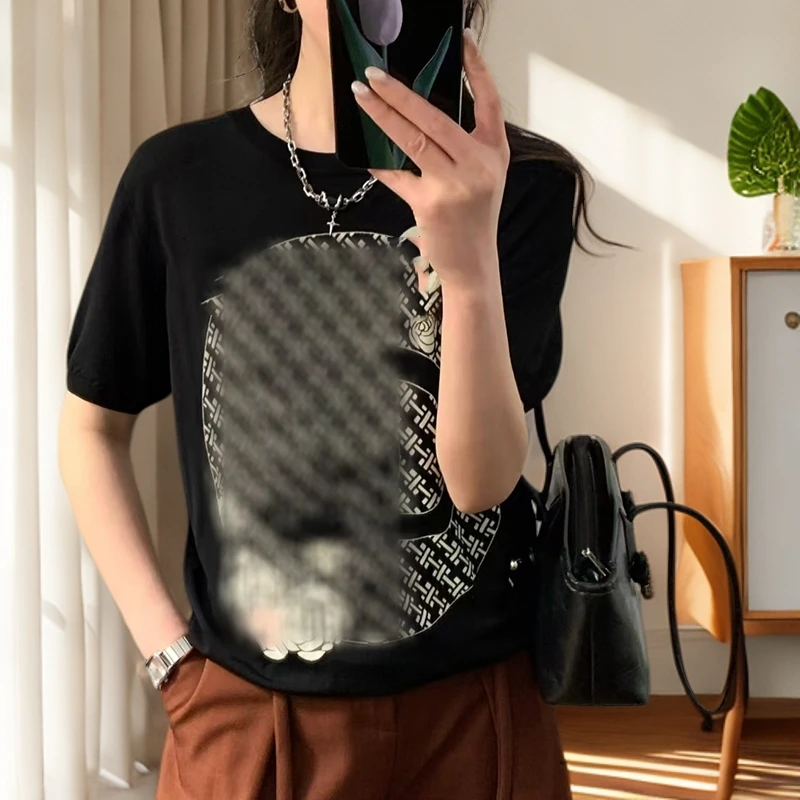 黑色显瘦短袖t恤女2025夏装新款宽松遮肉半袖体恤上衣印花针织衫