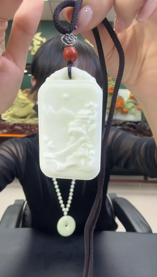 未镶嵌吊坠(赠链)蓝田玉（蛇纹石化大理石玉）蓝田玉山水牌吊坠 A48