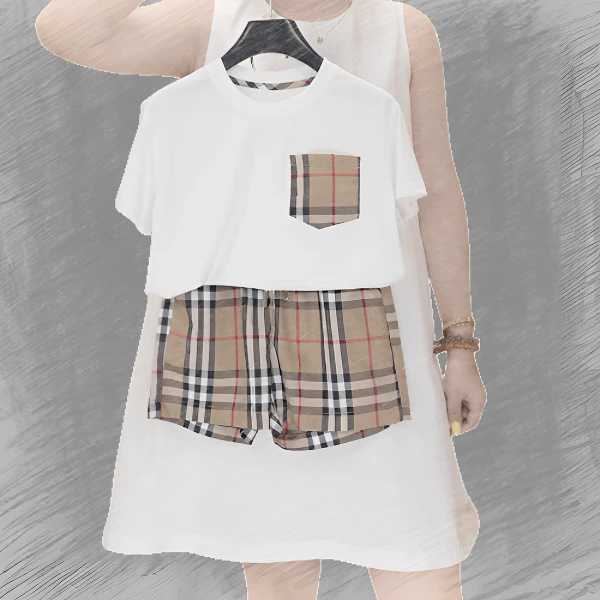 88355儿童男女童时尚轻奢童品夏季新款洋气经典格纹半袖短裤套装