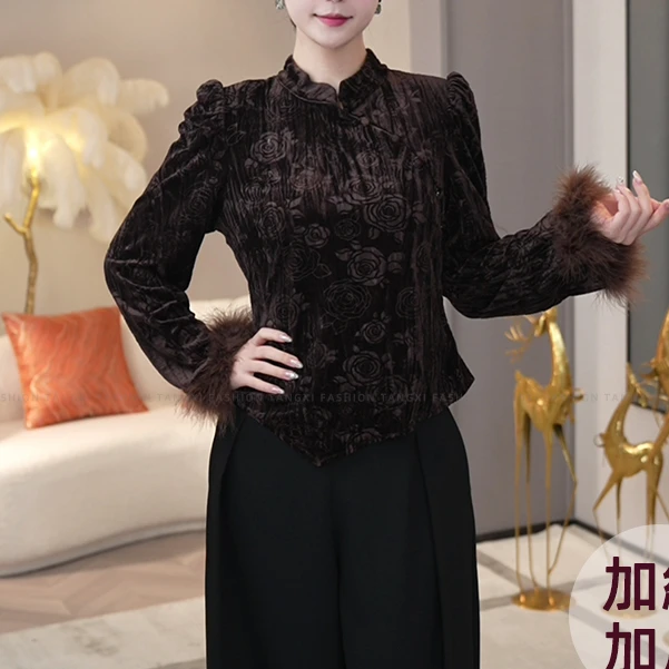 现货2025秋冬加厚【3603】高级感轻奢新中式时尚国风复古显瘦上衣女