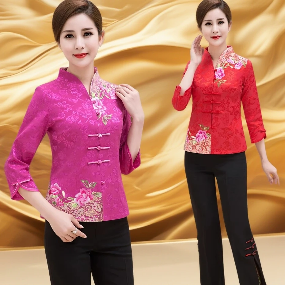 民族风刺绣单排扣七分袖厚款碎花上衣女装时尚中式中国风妈妈装