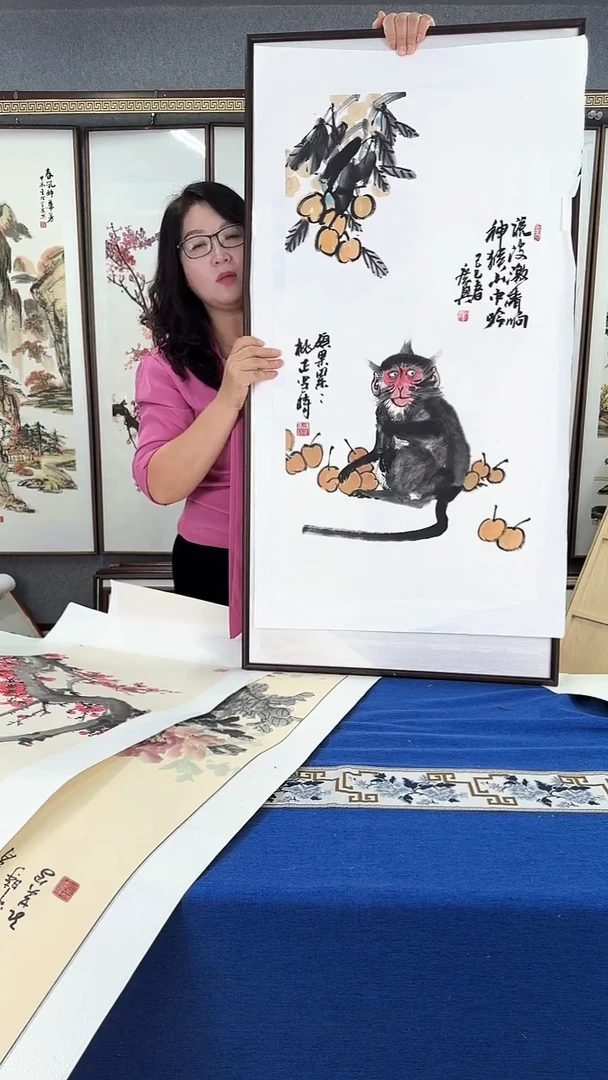 国画精品灵猴 实木画框 60*120