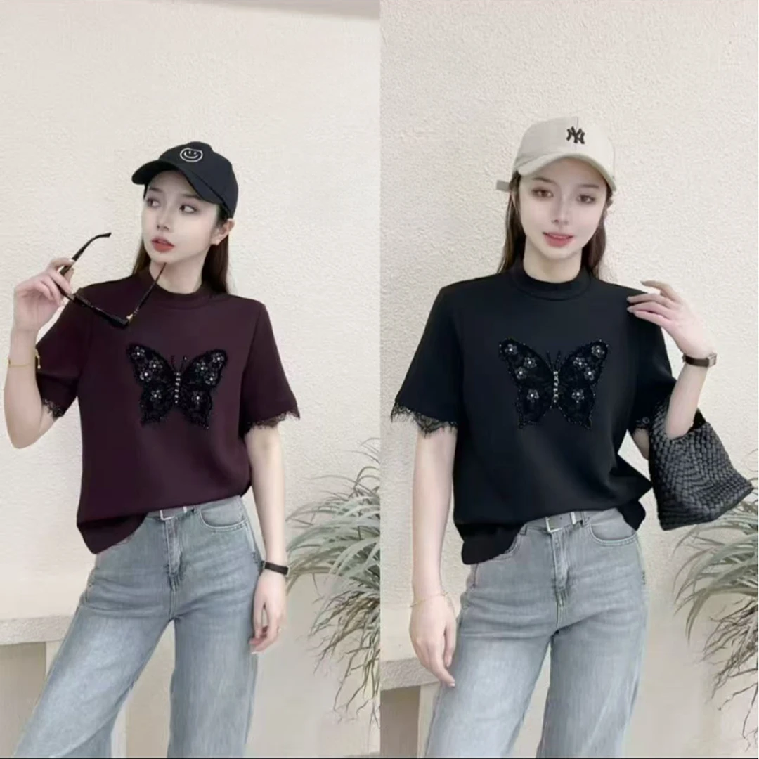 【麦子优选】拼接T恤显瘦钉珠