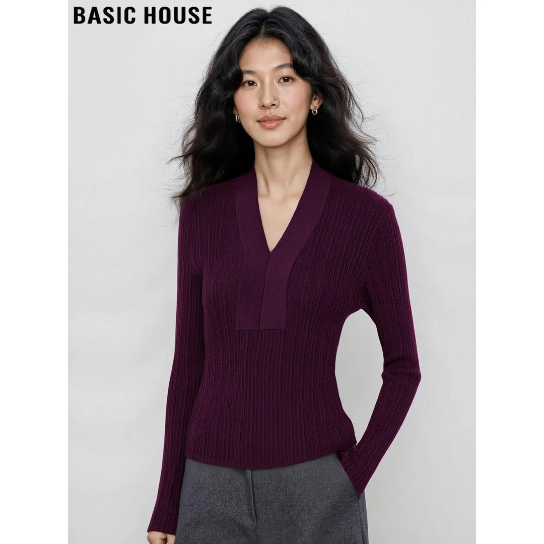 Basic House/百家好高级感紫色羊毛V领针织衫女秋冬打底毛衣