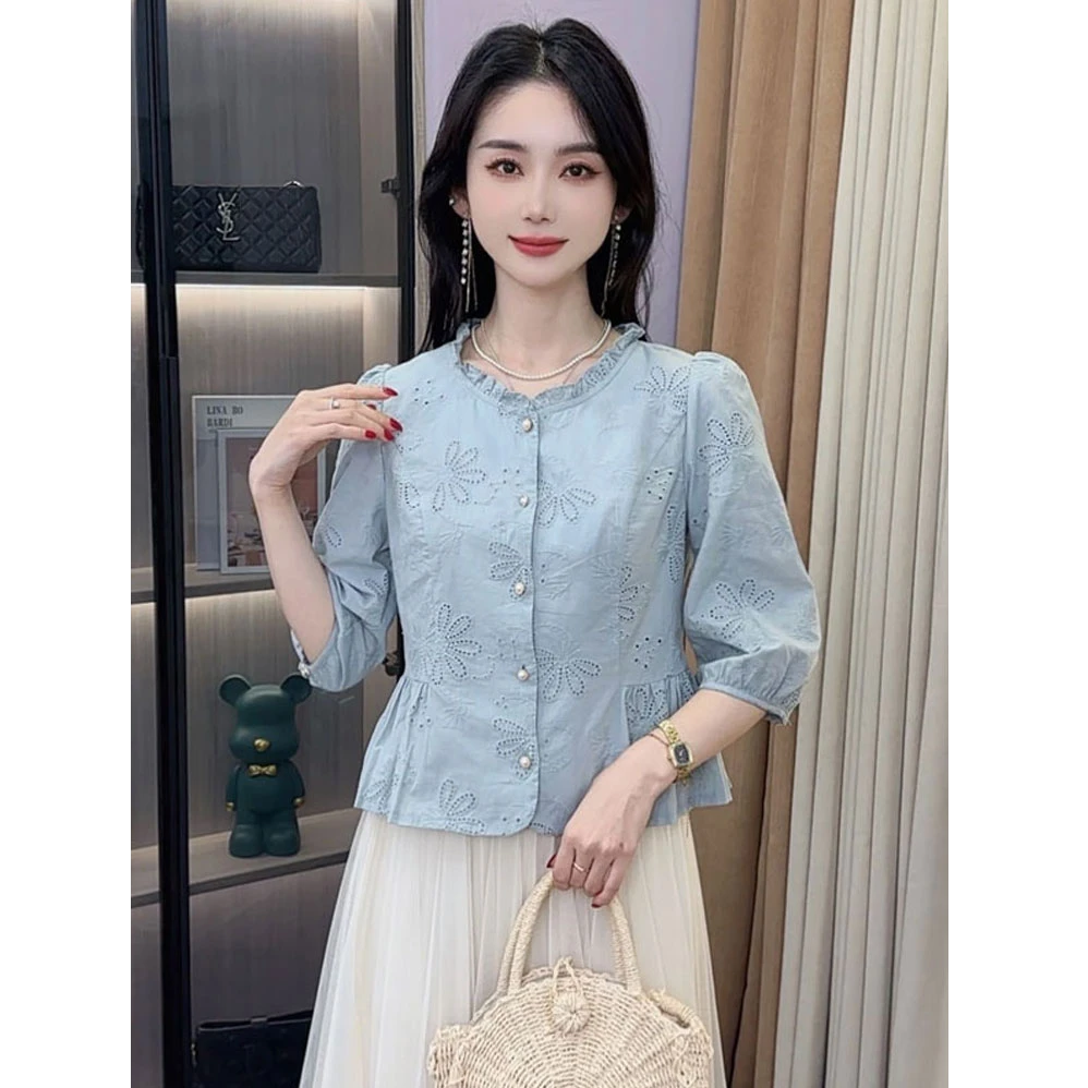 衬衫女2025早秋新款时髦洋气法式花边圆领短款减龄百搭七分袖上衣