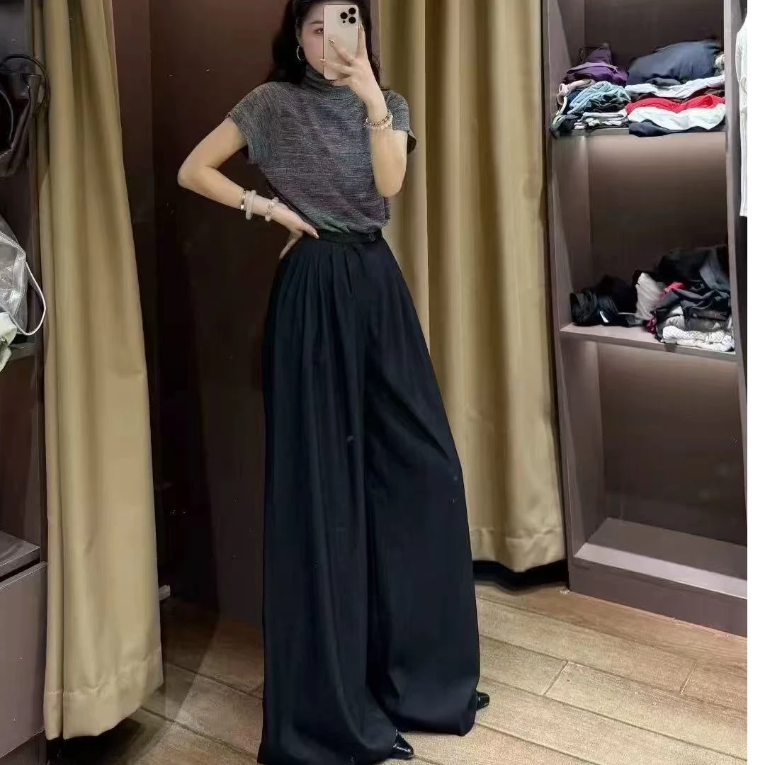 秋冬季牛仔丝时尚新款欧货压褶设计垂感拖地裤女士阔腿西装裤子