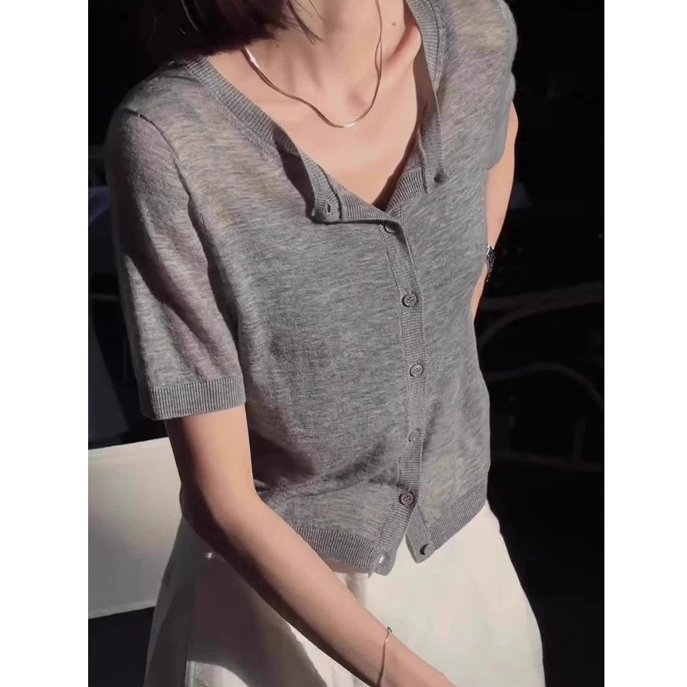 芊芊芙冰丝针织开衫短袖t恤女2025新款夏季薄款休闲宽松显瘦上衣