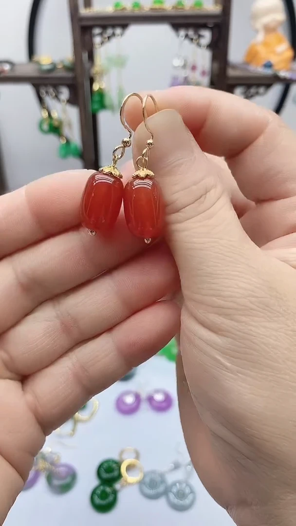 南红玛瑙14K金镶嵌耳饰64