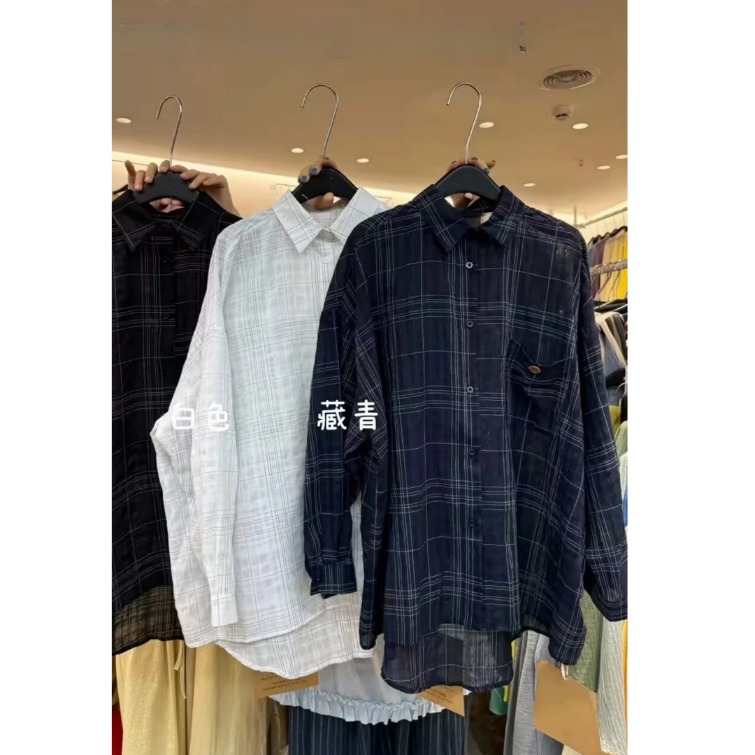 夏季新款韩版宽松大码胖mm休闲慵懒风长袖防晒格子衬衫百搭薄款