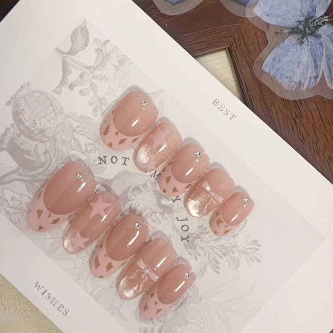 告白丨施华洛粉色豹纹蝴蝶结短款日常显白法式穿戴甲甲片