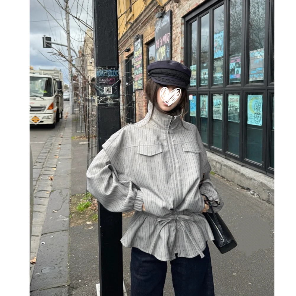 米兰往事 早秋新款韩系慵懒风翻领条纹收腰抽绳外套拉链夹克D591