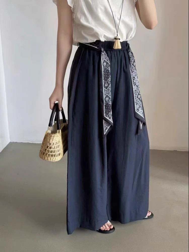 【含丝巾腰带】棉麻气质松紧裙裤中国风夏季高腰百搭阔腿裤58068