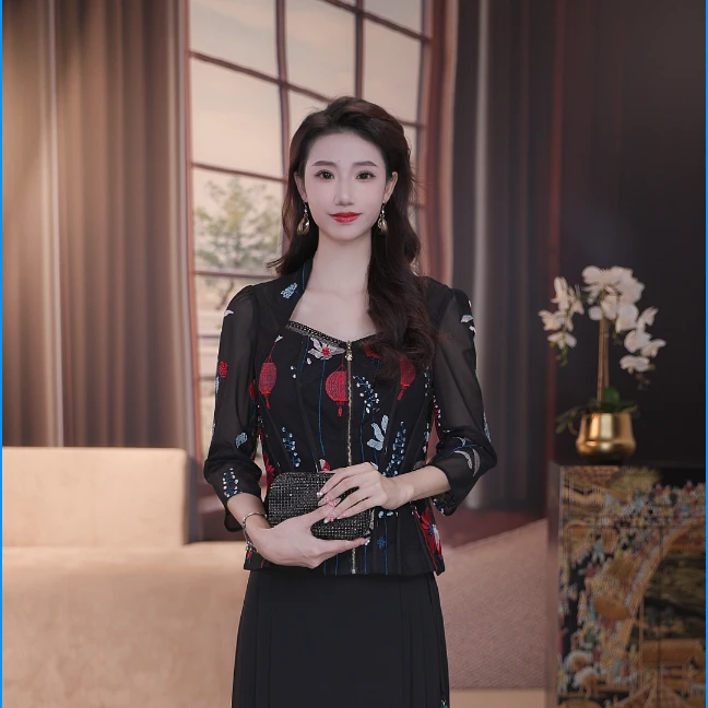 SUSSI/古色【胭脂华灯】中长袖V领修身型短袖打底衫蕾丝气质开衫