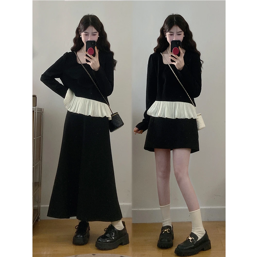 大码女装气质小香风荷叶边长袖上衣+A字半身裙显瘦套装