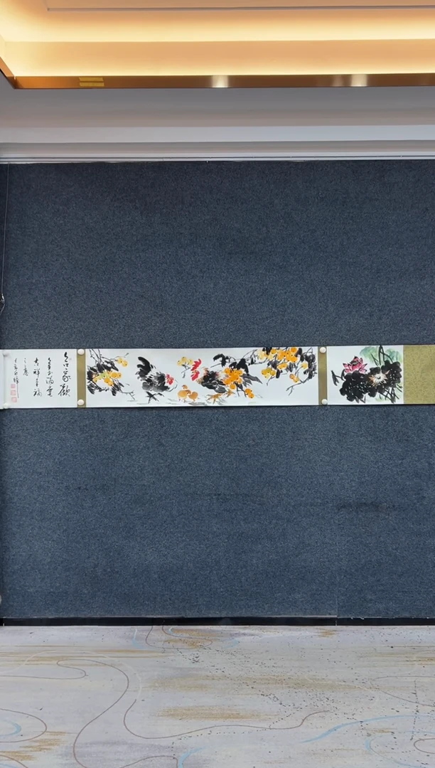 国画颜新辉-三米手卷-荷花雄鸡