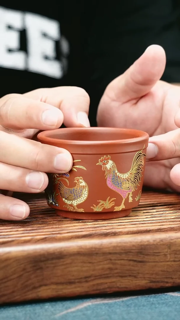 茶杯紫砂大浪潮描金公鸡