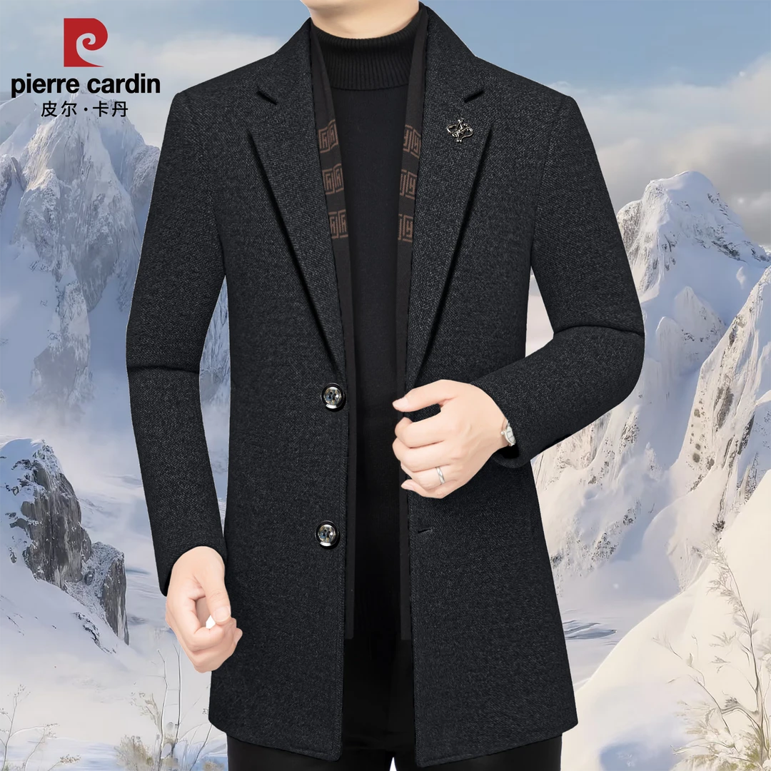 皮尔卡丹冬季新款高档男士休闲加绒加厚保暖毛呢大衣保暖西服男装