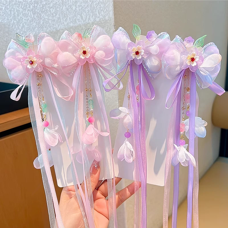 小女孩中国风流苏头饰蝴蝶结汉服女童古风发饰中式飘带发夹头饰品