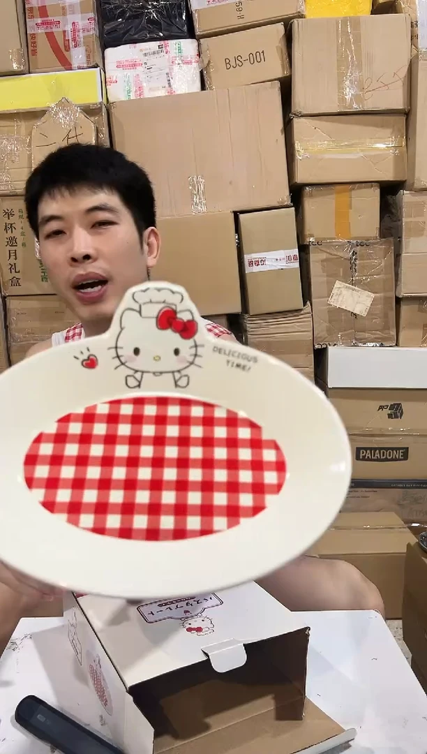 瓷片原盒kt猫红格子餐盘