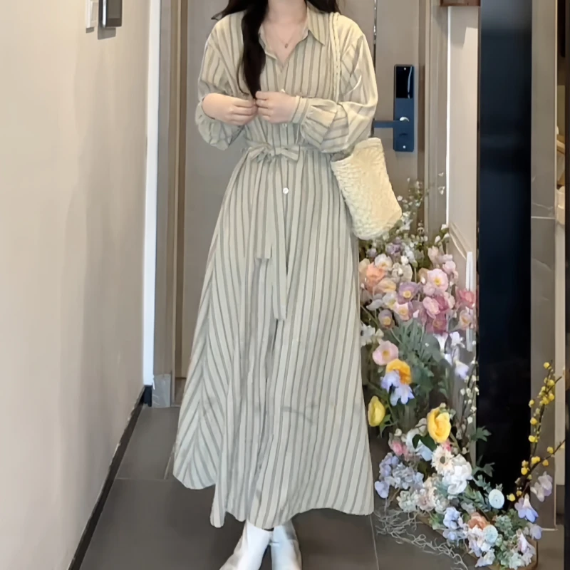 法式条纹长袖衬衫连衣裙子女装早秋新款收腰气质温柔胖mm遮肉肉女