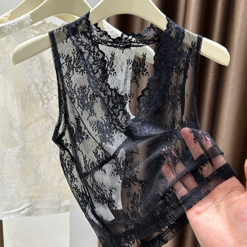 低V领黑色蕾丝打底衫女性感内搭薄透款网纱无袖背心上衣春秋新款
