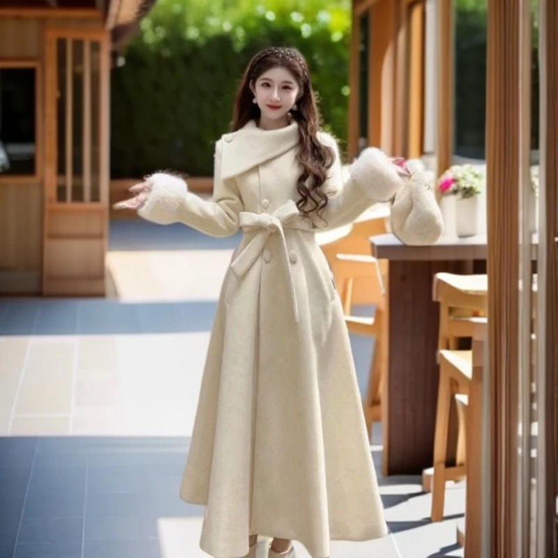 中长款毛呢外套英伦收腰大衣复古长袖女装收腰出游服装女