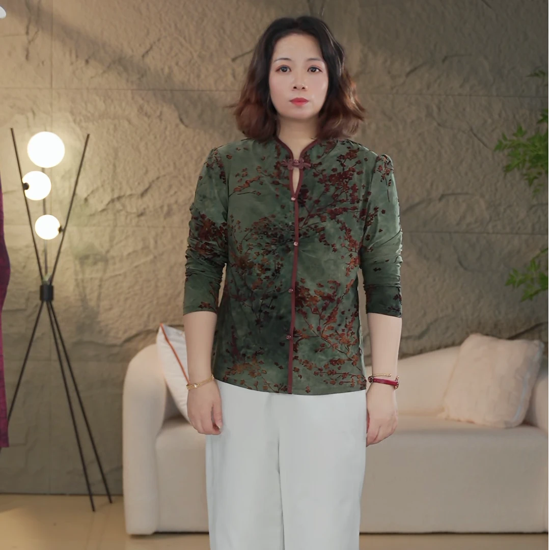 2025春夏精选墨绿色中式印花长袖上衣盘扣设计尽显古典雅致女180