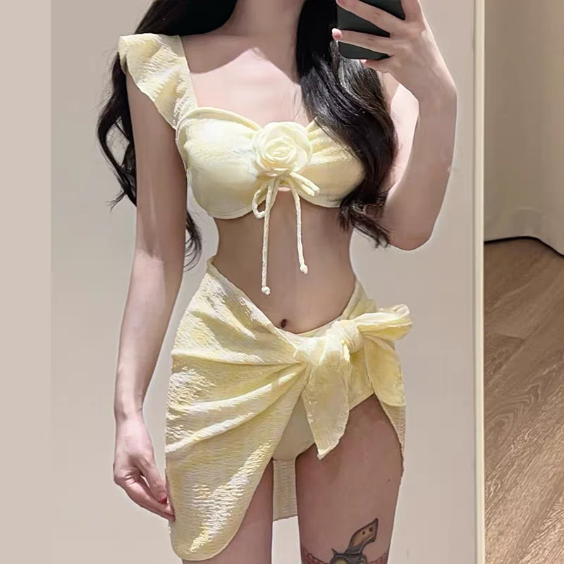 抹胸式比基尼三件套沙滩仙女度假泳衣