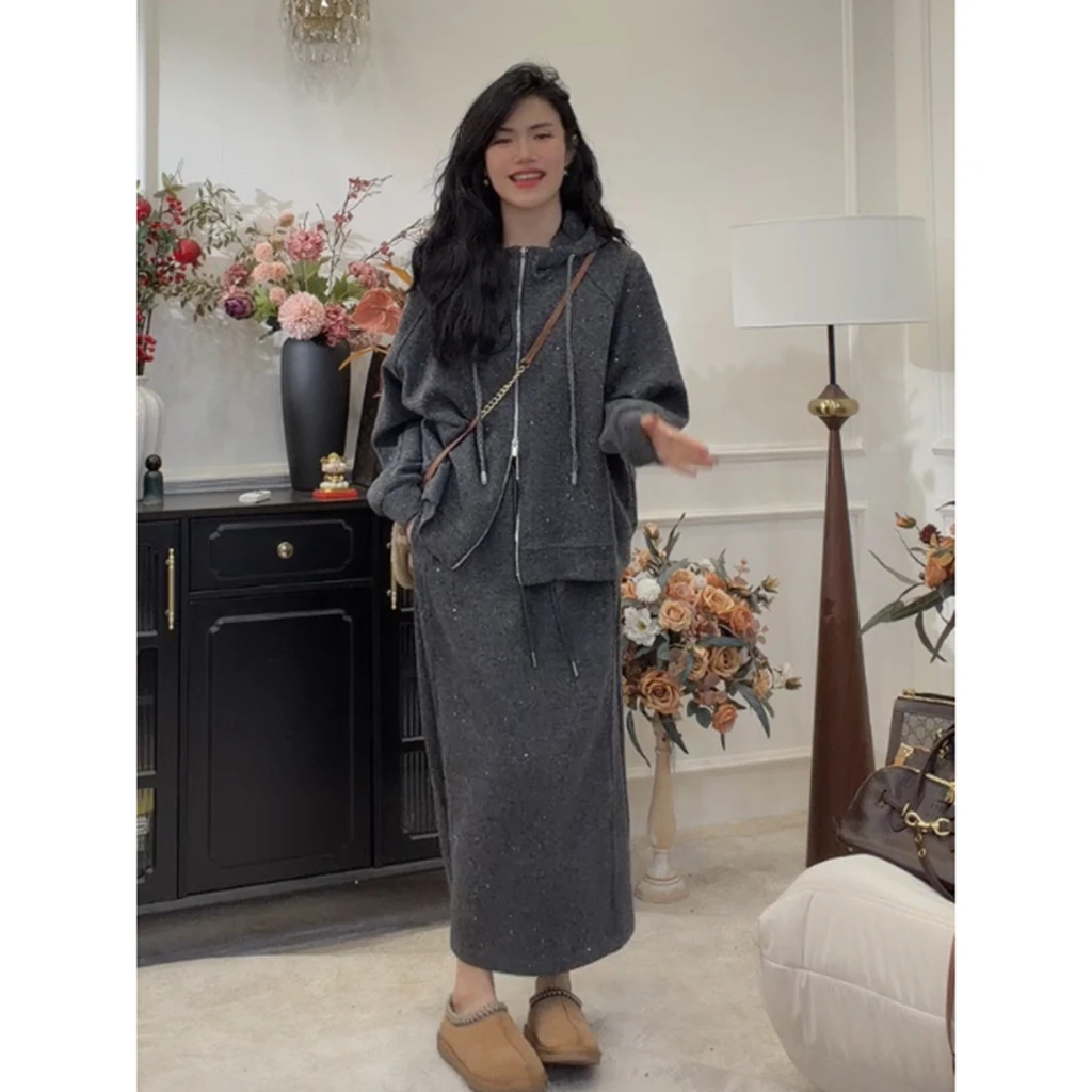【爆闪卫衣】冬季厚款混纺亮片云柔显瘦卫衣+半身裙套装