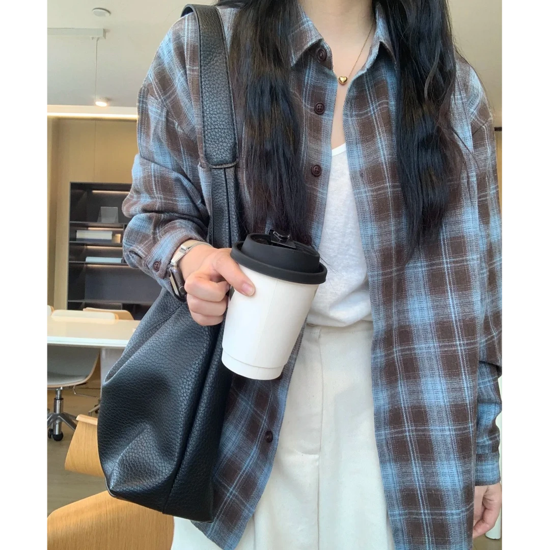蓝咖色磨毛格子衬衫女2025秋季新款韩系宽松慵懒风休闲衬衣外套