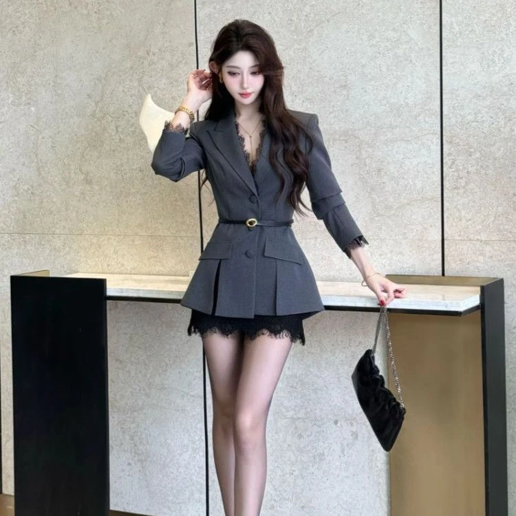 【SY森烟】高级感名媛穿搭套装修身通勤设计感西装外套蕾丝半身裙