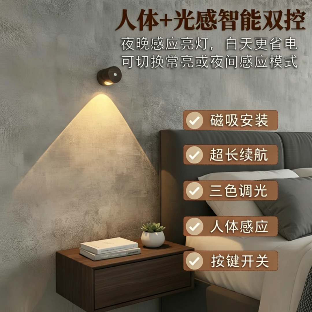 免接线人体感应灯led磁吸小山丘氛围灯射灯卧室客厅背景电视墙灯