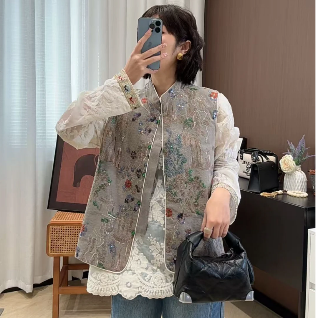 0909重工新中式马甲2025休闲春装高品质无袖上衣灰色时尚百搭复古