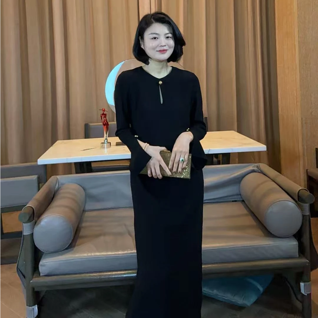 TANTAN  醋纤  气质领口金珠长款连衣裙 LL 2361