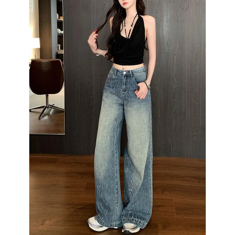 （现货+运险）星河烫钻牛仔裤女2025秋冬高腰宽松显瘦拖地阔腿裤