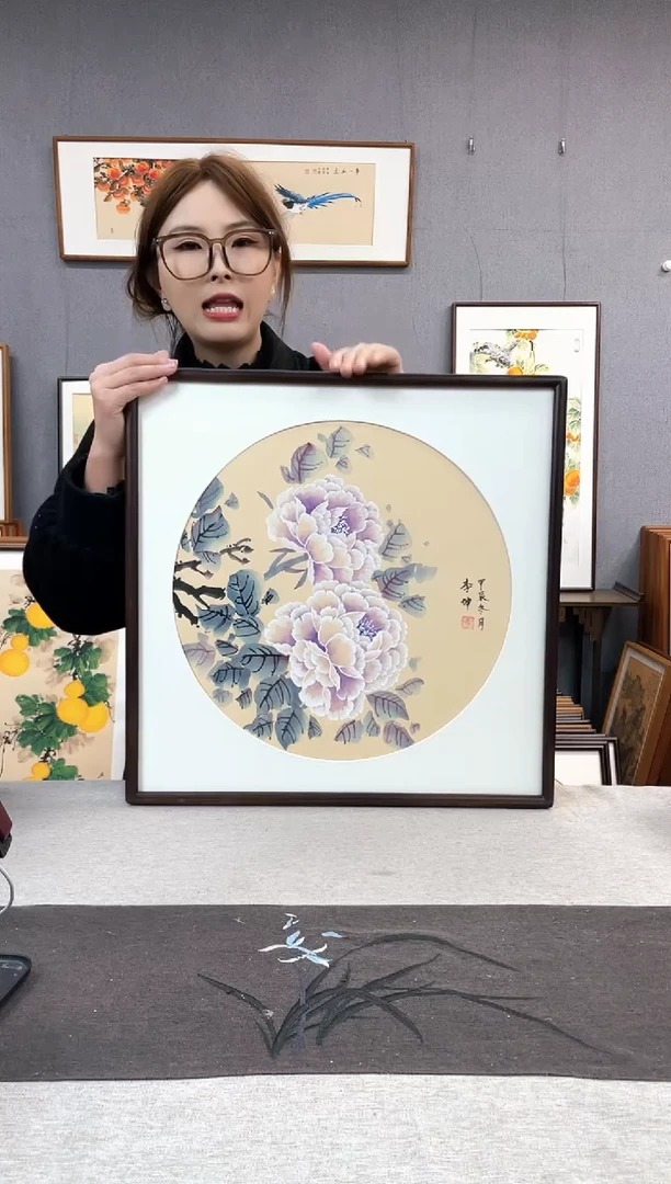 【闪购商品】国画李坤-手绘带框作品-53*53-牡丹