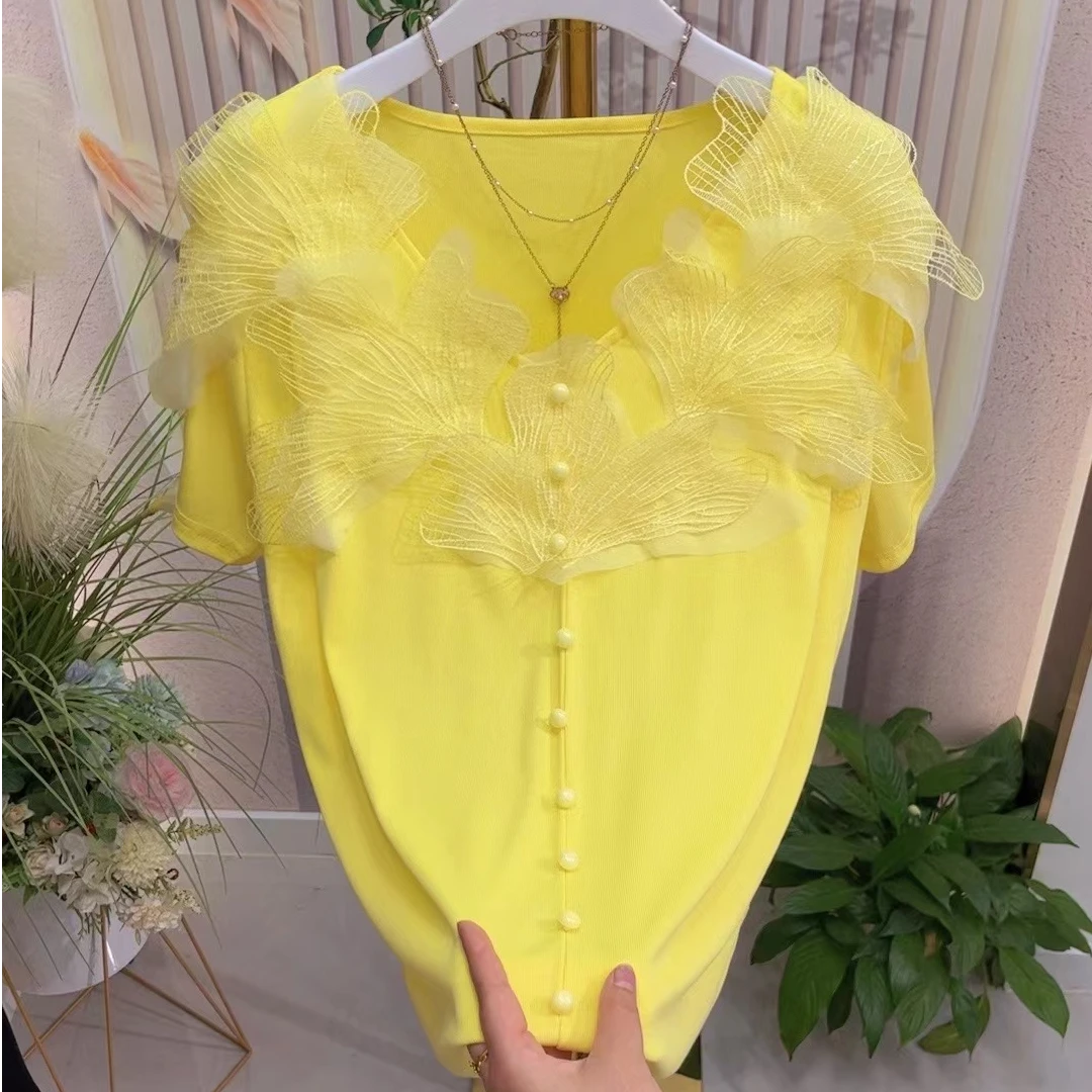 春夏新款1339欧货轻奢时尚立体花朵拼接气质减龄百搭半袖