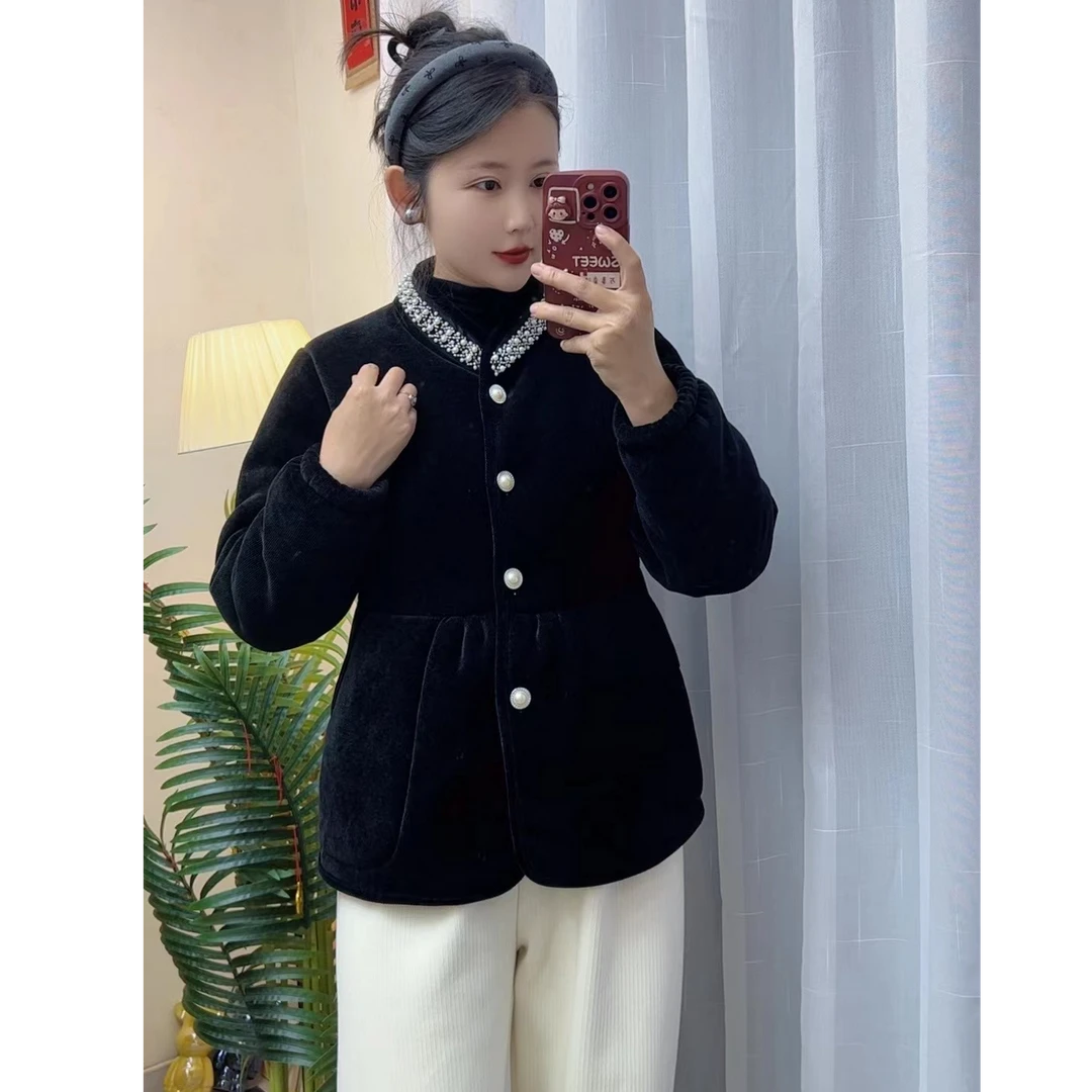 017款单件上衣珍珠领冬季睡衣女三层夹棉加厚加绒外穿家居服