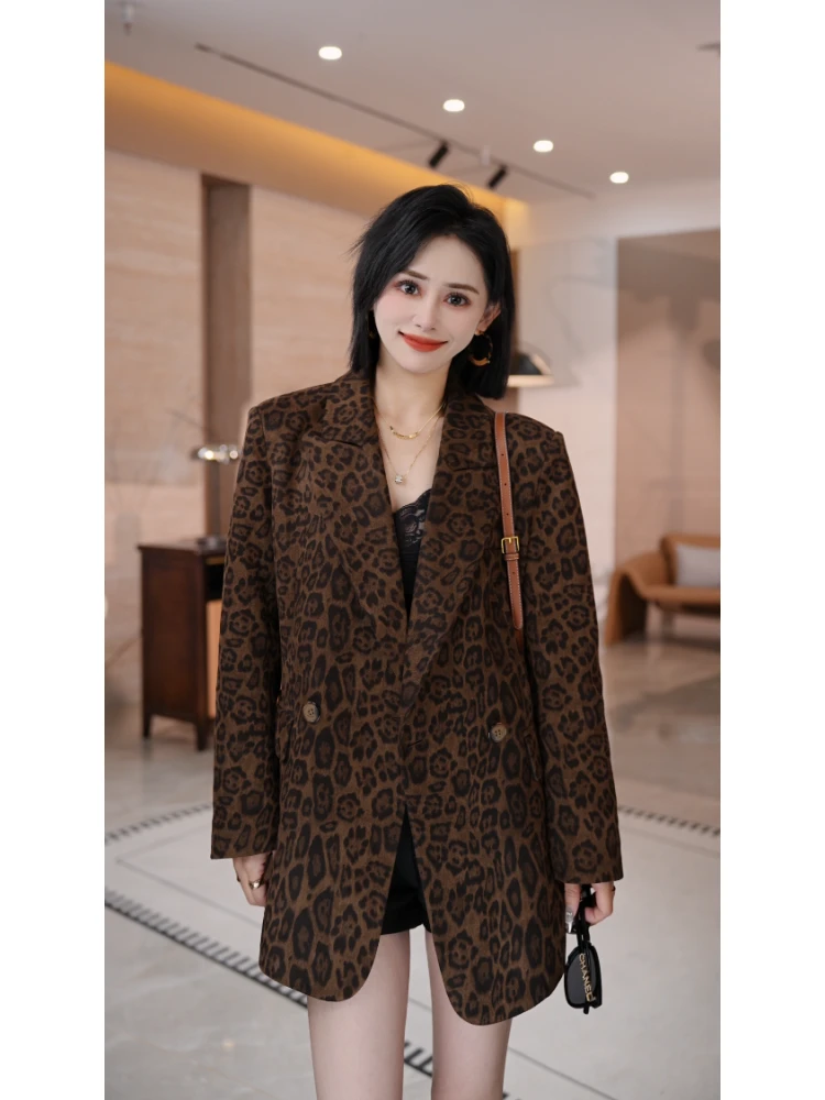 麂皮绒复古豹纹西装外套女2025秋季新款韩版宽松休闲百搭西服