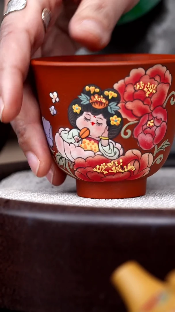 茶壶紫砂朱泥铃铛杯唐美人牡丹