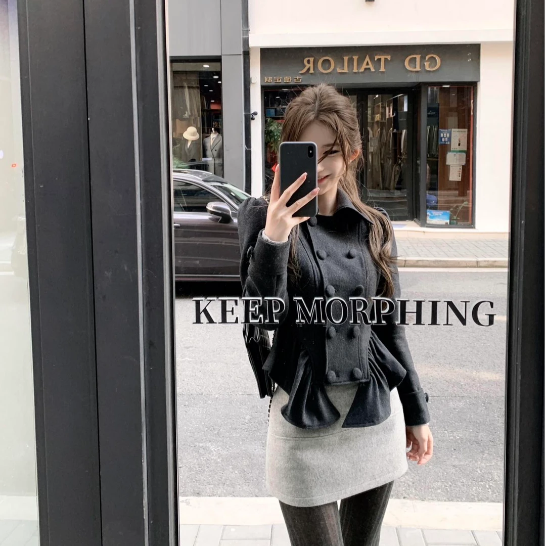 法式千金风设计感收腰显瘦黑色短款外套女秋冬新款百搭短裙两件套