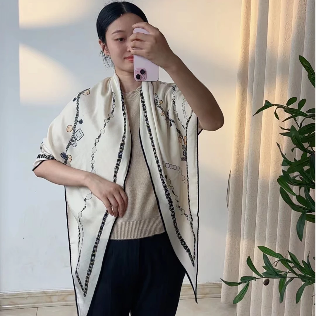 【珍珠链条·白】羊毛三角巾！知性优雅羊毛围巾丝巾披肩90*180cm