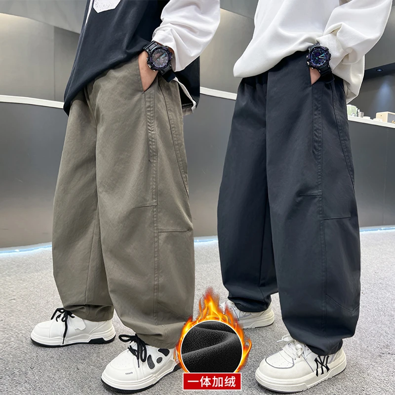 男童加绒裤子休闲裤2025新款中大童秋装宽松弯刀裤儿童韩版长裤潮