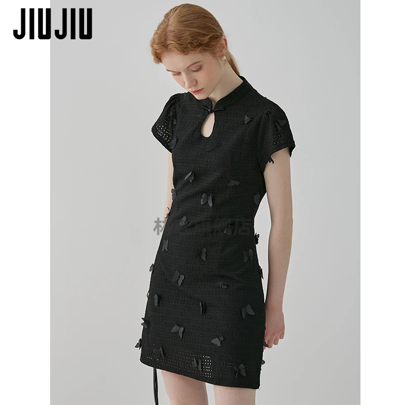 jiujiu新中式国风改良旗袍裙女2025夏季新款镂空连衣裙蝴蝶结盘扣