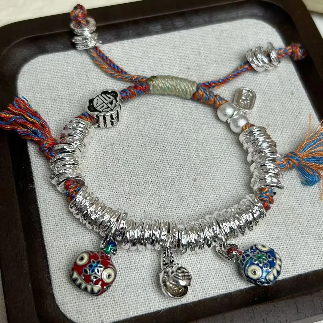 足银手链 吞金兽足银珐琅盘缠 实心999足银好运招财手链