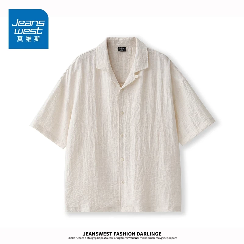 Jeanswest/真维斯日系亚麻休闲短袖T恤男士夏季薄款宽松翻领衬衣